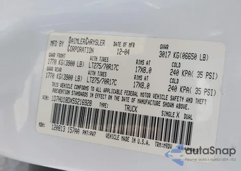 2005 Dodge Ram 1500 Slt/Laramie from USA, damaged, VIN 1D7HU18DX5S216928